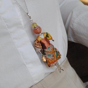Gisel handmade doll necklace, beige kimono